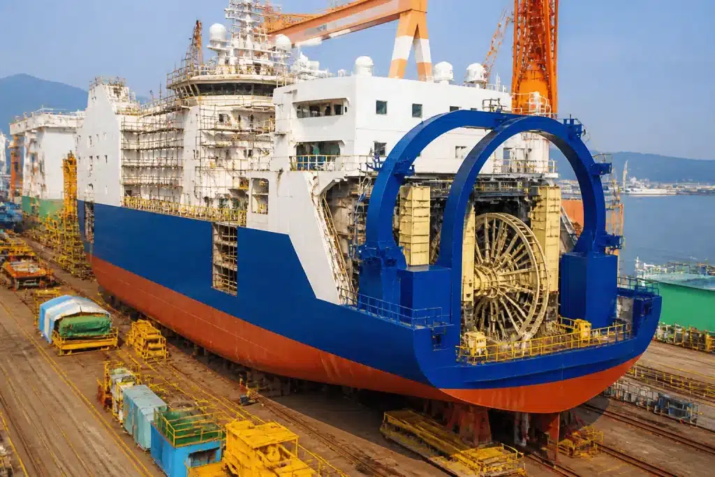 Chantier naval coréen avec navire câblier en construction