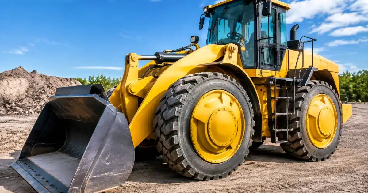 Engin jaune de chantier avec reservoirs integres dans les roues