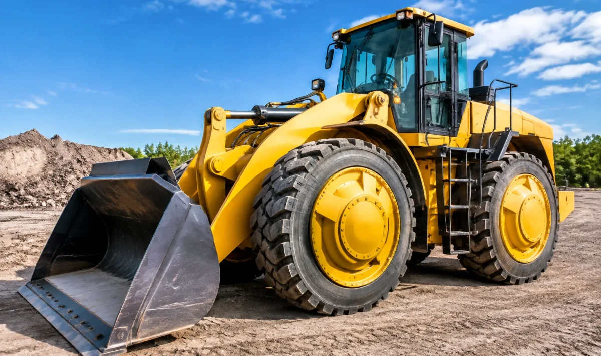 Engin jaune de chantier avec reservoirs integres dans les roues