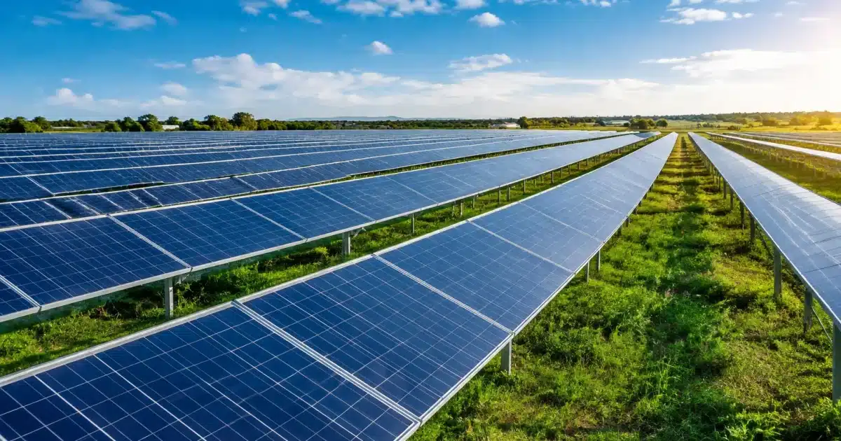 Panneaux solaires disposes en rangees regulieres dans centrale electrique