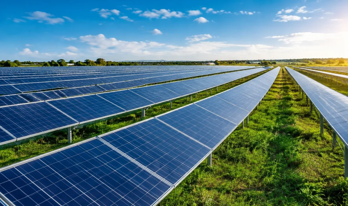 Panneaux solaires disposes en rangees regulieres dans centrale electrique