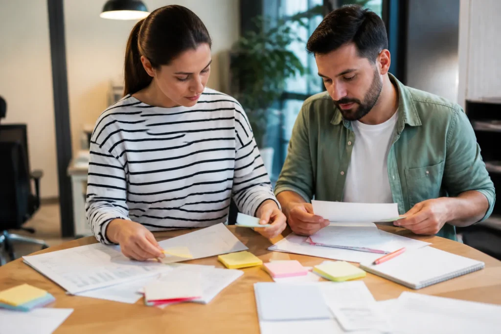 Collaborateurs organisant feuilles de travail et notes progressives