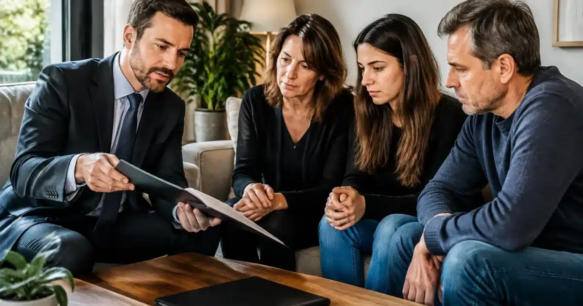 Conseiller funeraire presentant document a famille assise