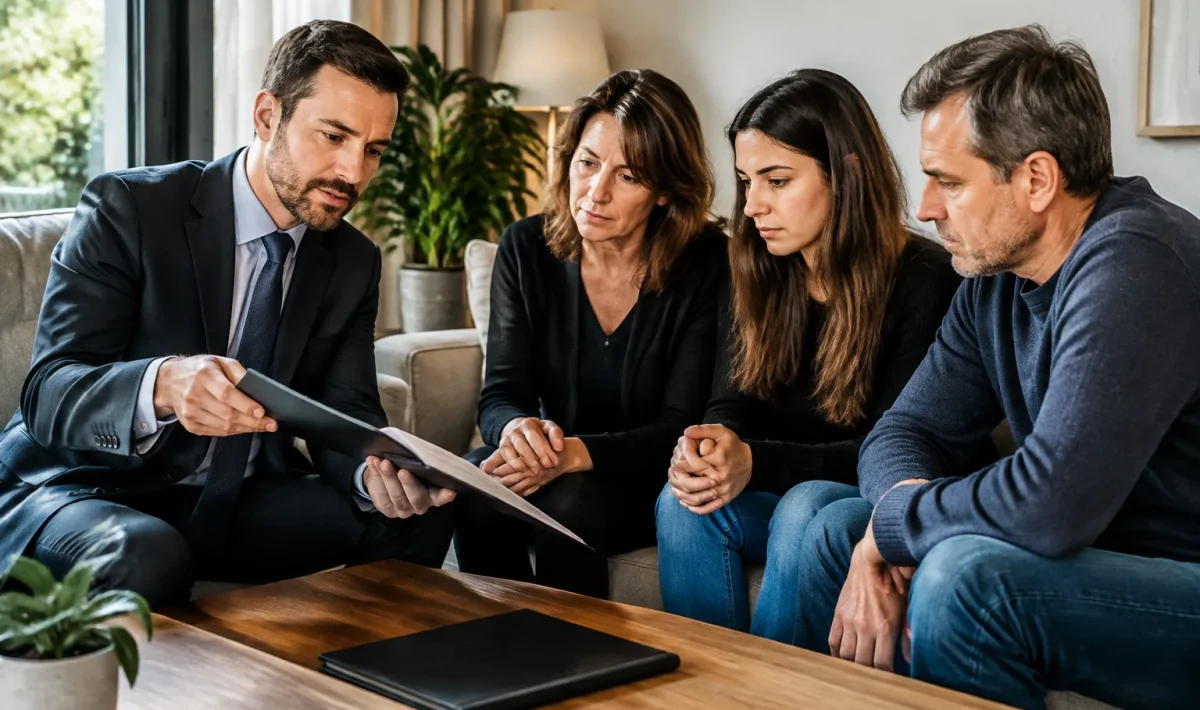 Conseiller funeraire presentant document a famille assise