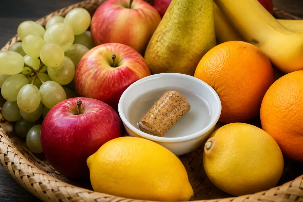 Bouchon liege trempe vinaigre blanc dans corbeille fruits colorees