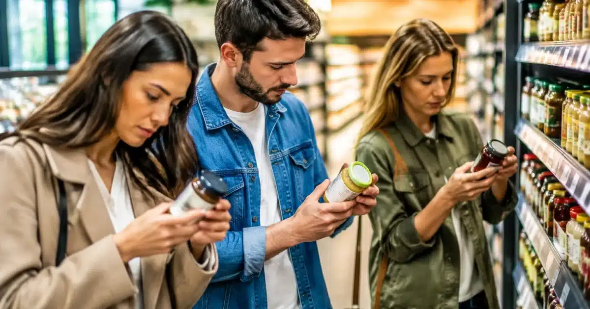 Trois personnes debout lisant etiquettes produits attentivement