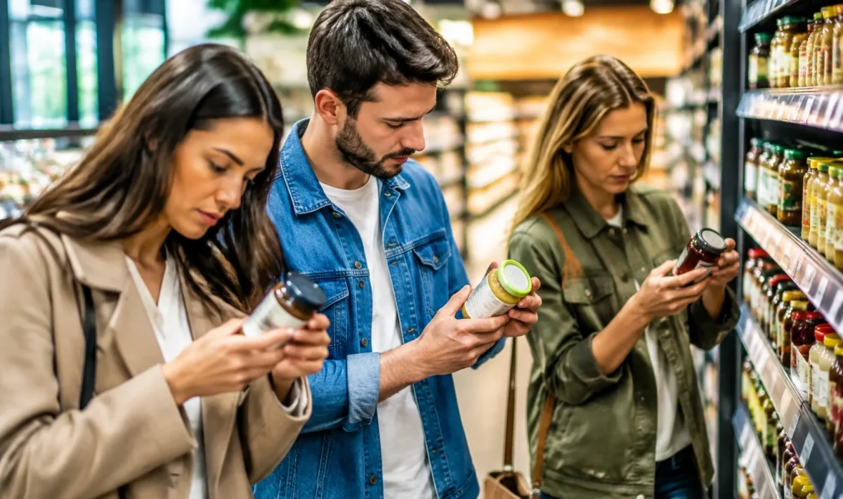 Trois personnes debout lisant etiquettes produits attentivement