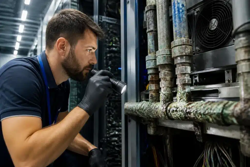 Technicien inspectant systeme refroidissement data center contamine