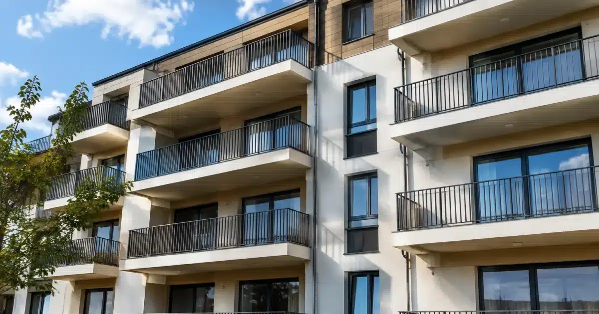 Immeuble collectif avec balcons vides, peu de verdure visible en facade