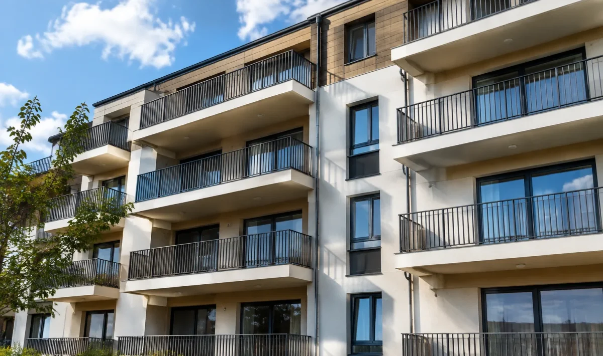 Immeuble collectif avec balcons vides, peu de verdure visible en facade