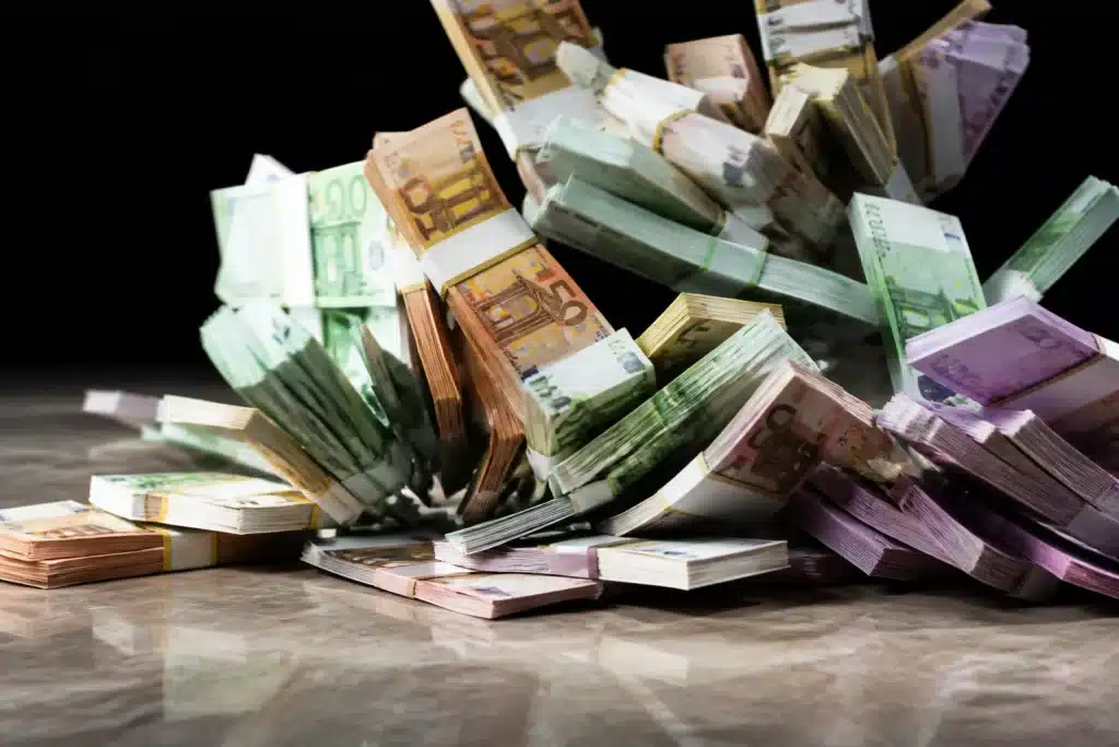 Piles de billets euros s'effondrant symbolisant pertes massives