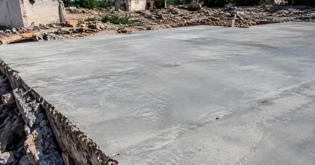 Vaste dalle beton grise recouvrant completement les decombres d'habitations anciennes