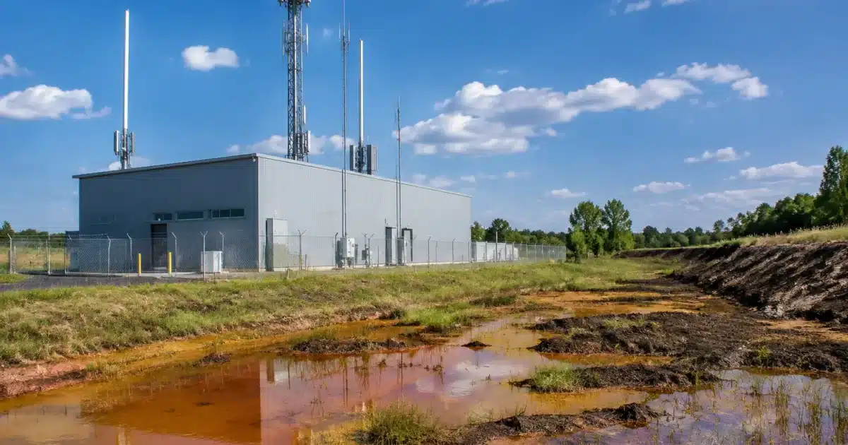 Batiment industriel gris avec antennes sur terrain rural contamination environnementale