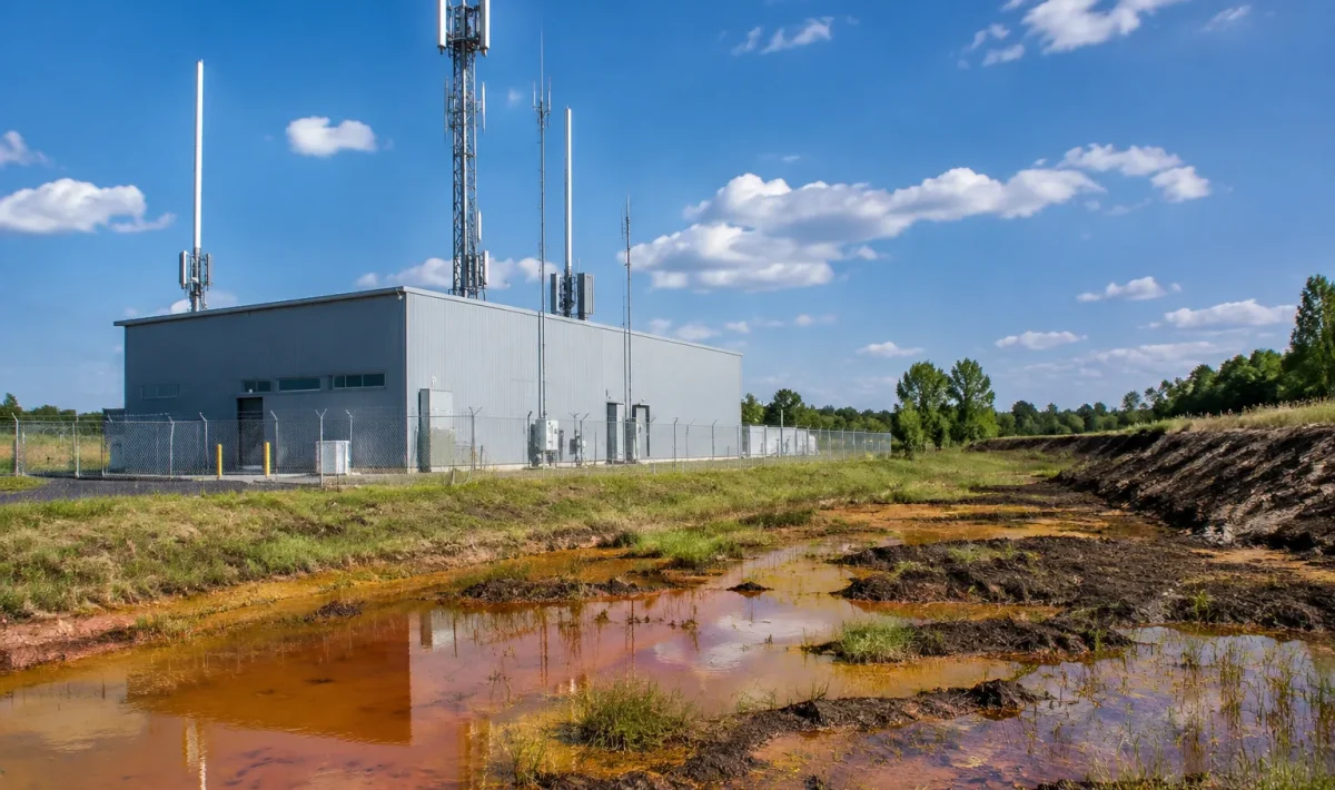 Batiment industriel gris avec antennes sur terrain rural contamination environnementale