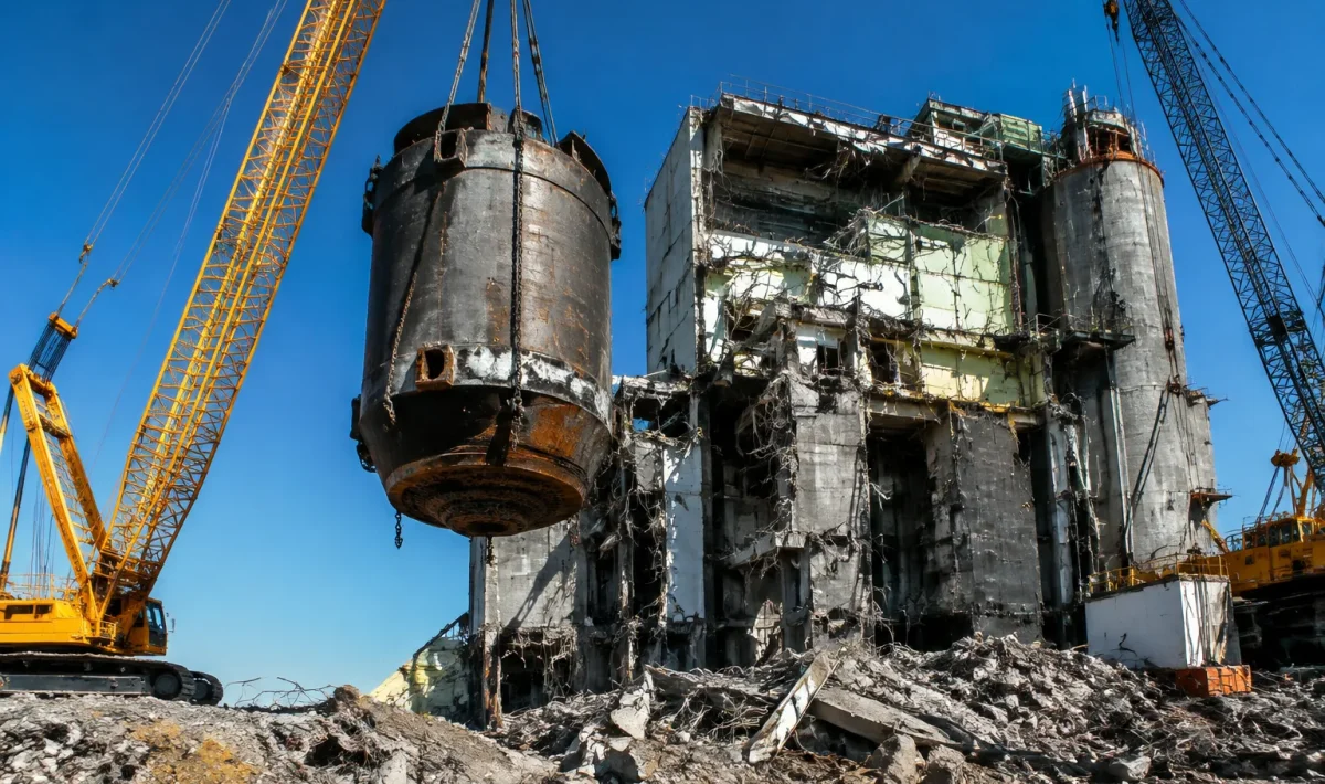 Demolition site avec grues soulevant debris de reacteur nucleaire