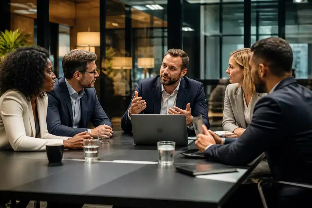 Cadres d'entreprise discutant autour table réunion moderne