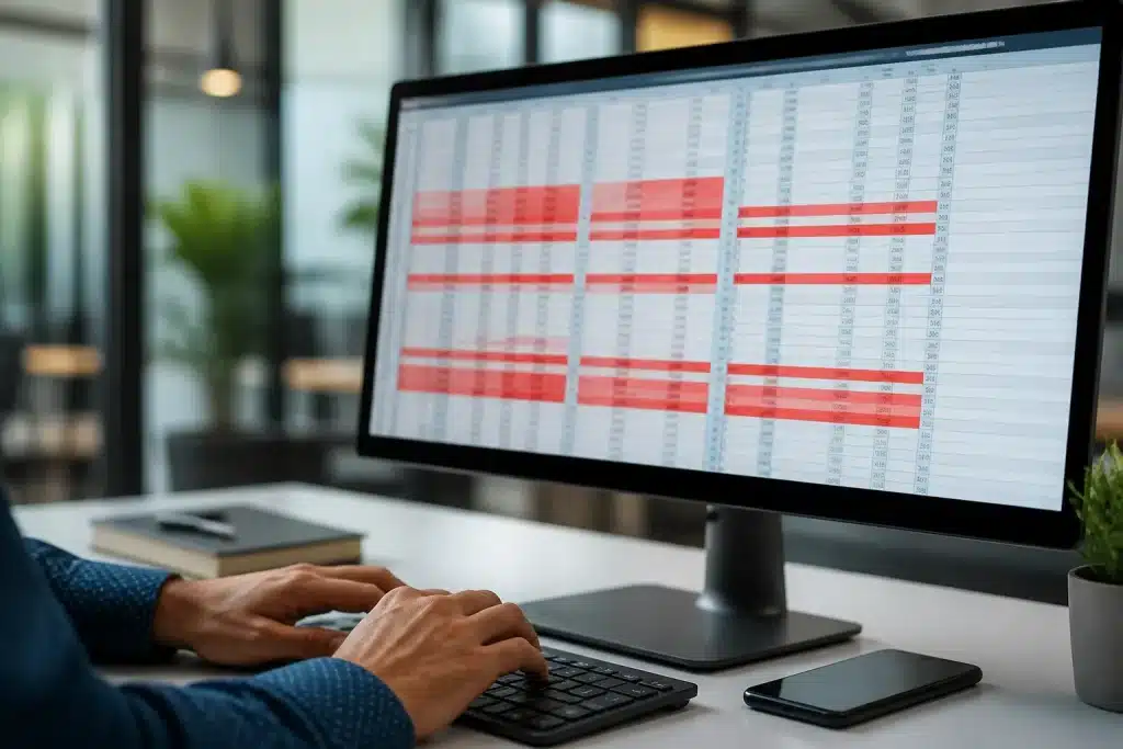 Ecran informatique montrant donnees dupliquees en rouge surlignees