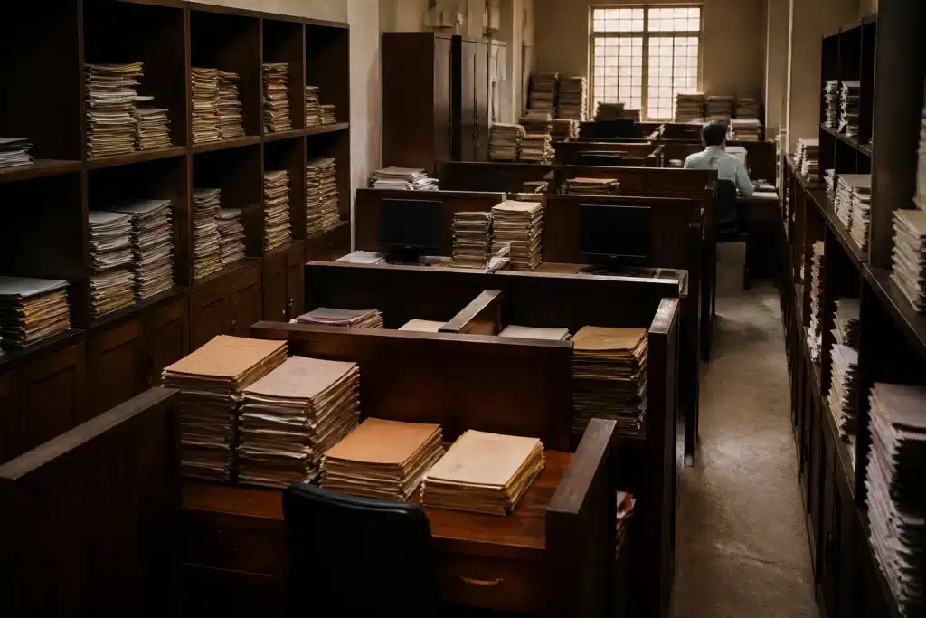 Bureaux gouvernementaux cloisonnes avec dossiers empiles hierarchiquement