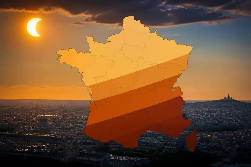 Carte France montrant eclipse partielle avec zones d'obscuration variables