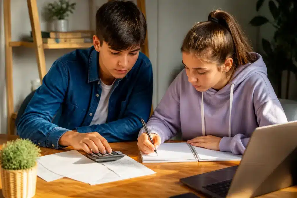 Adolescents notant budget mensuel sur cahier avec calculatrice