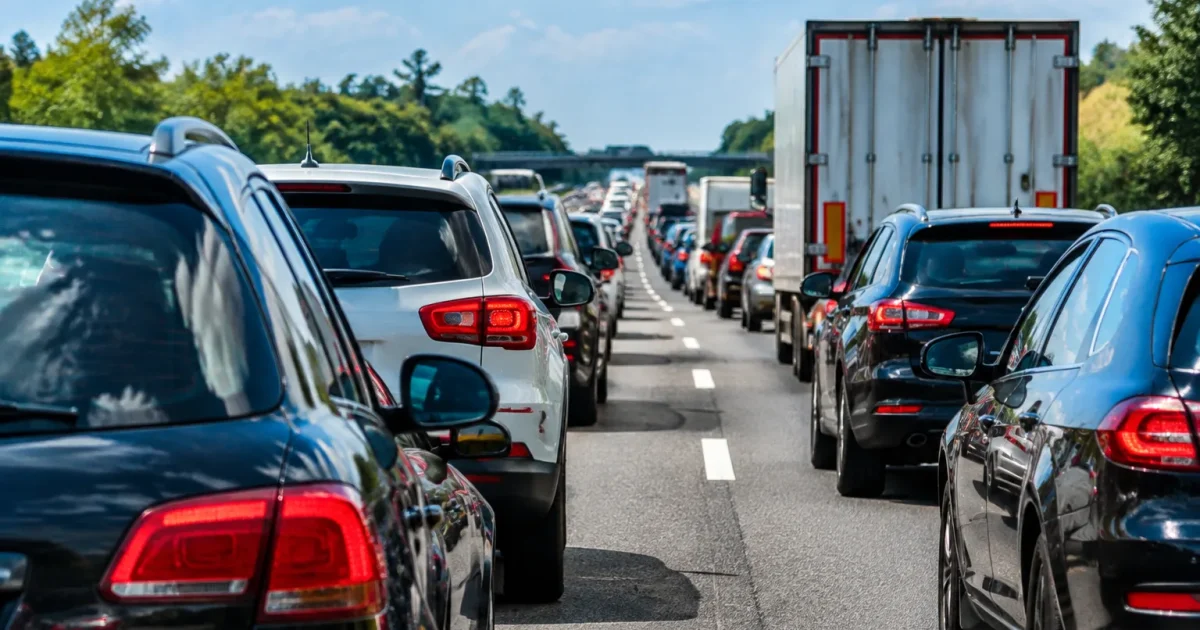 File de voitures immobiles sur autoroute, embouteillage dense bloquant circulation routiere