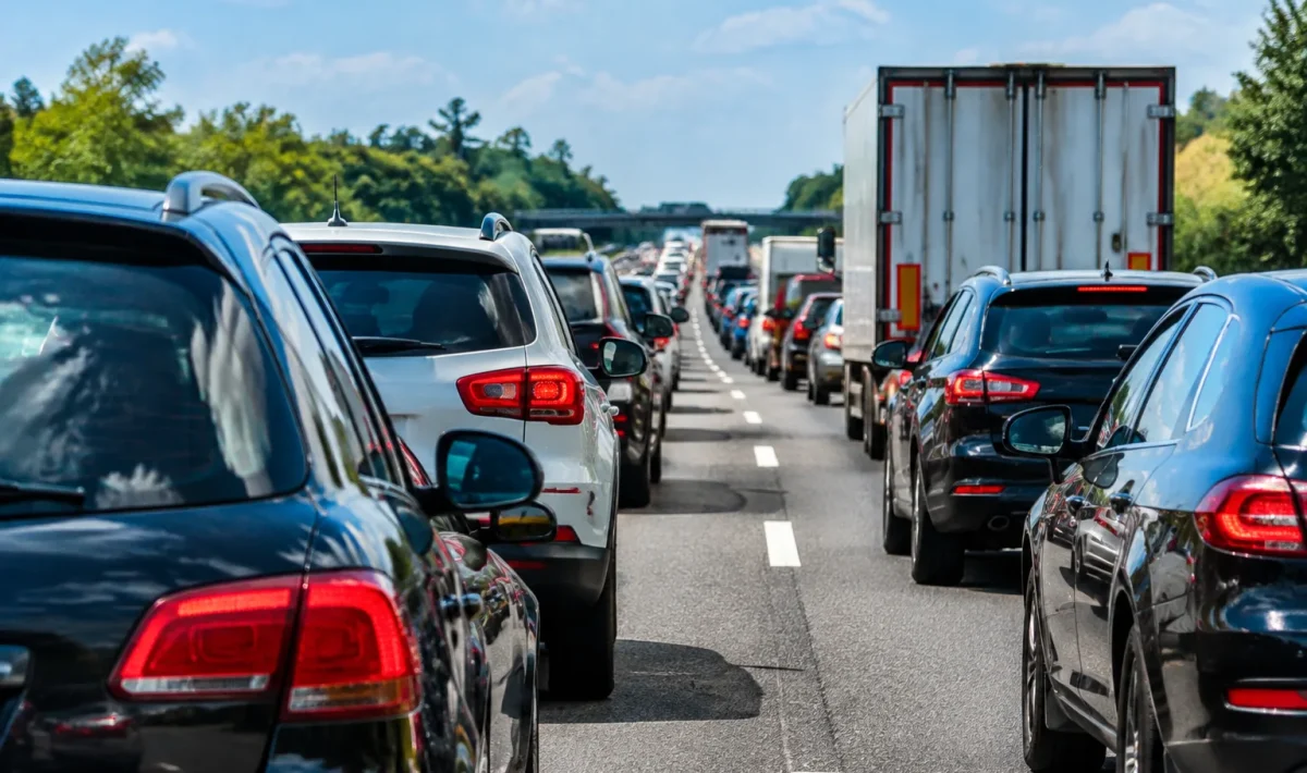File de voitures immobiles sur autoroute, embouteillage dense bloquant circulation routiere