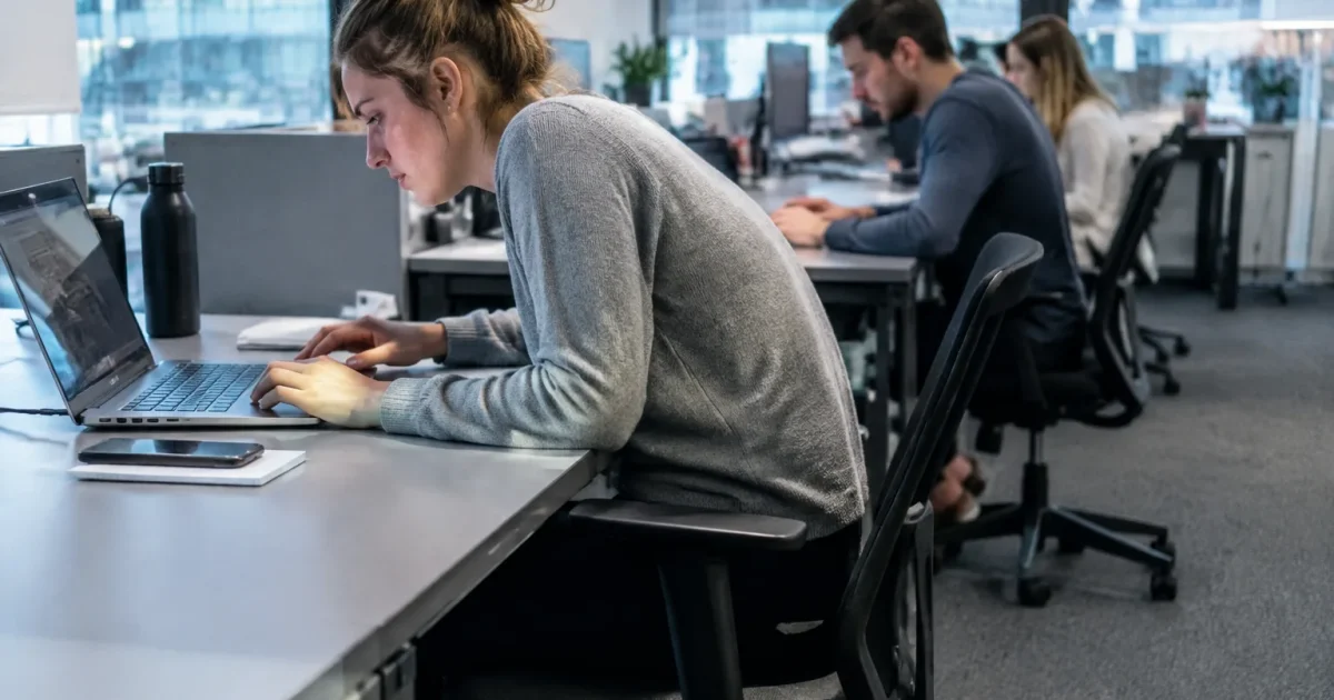 Employes ordinateurs posture courbee isolation fatigue bureaux gris