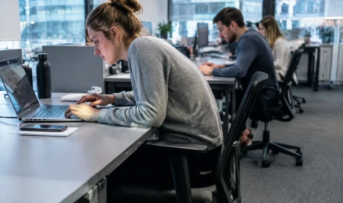 Employes ordinateurs posture courbee isolation fatigue bureaux gris