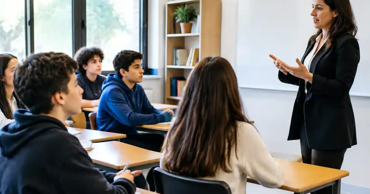 Adolescents assis a des bureaux ecoutant un professeur debout