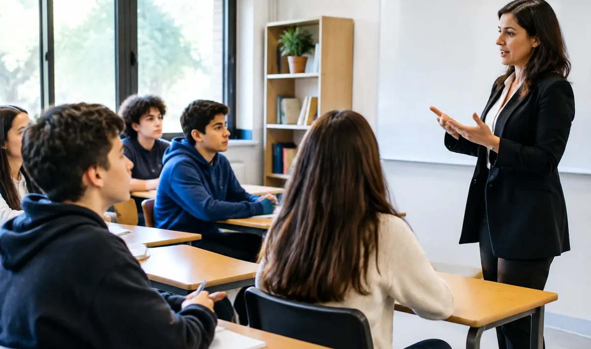 Adolescents assis a des bureaux ecoutant un professeur debout