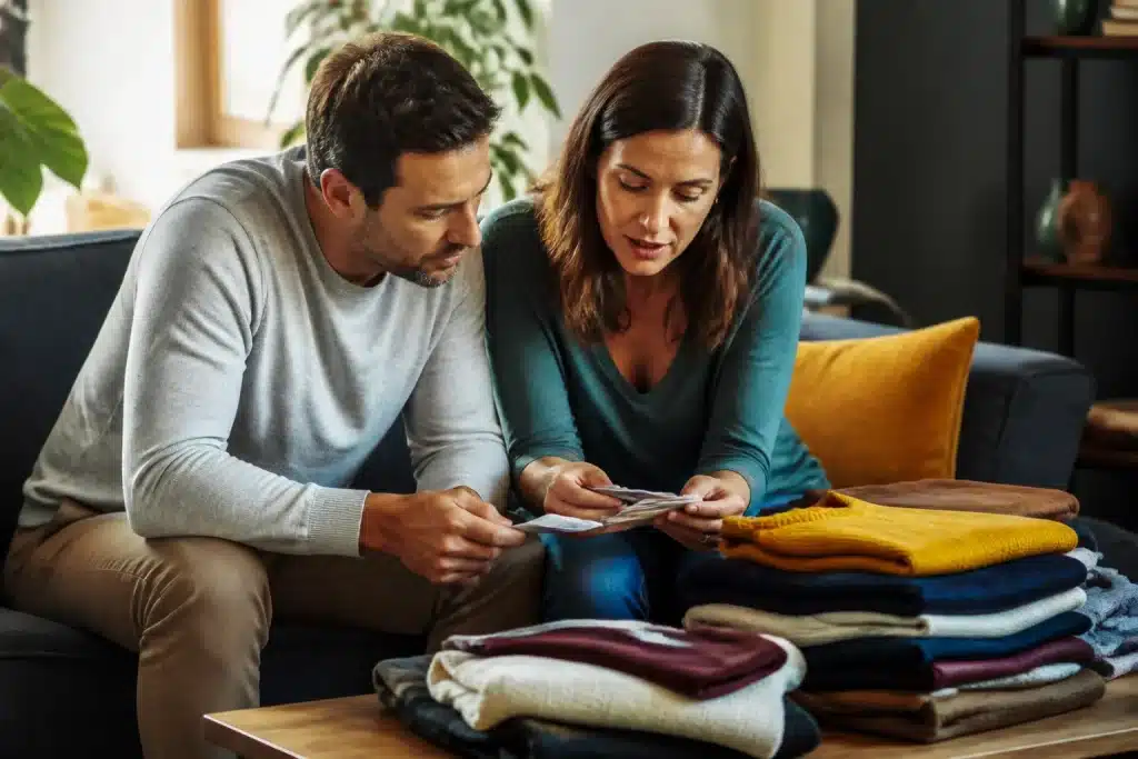 Couple triant coupons près de pulls empilés
