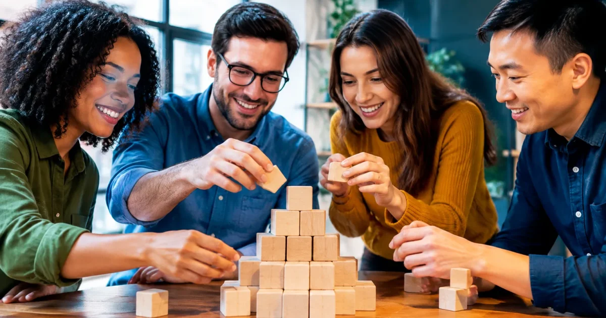Equipe assemblant blocs en pyramide sur table plate