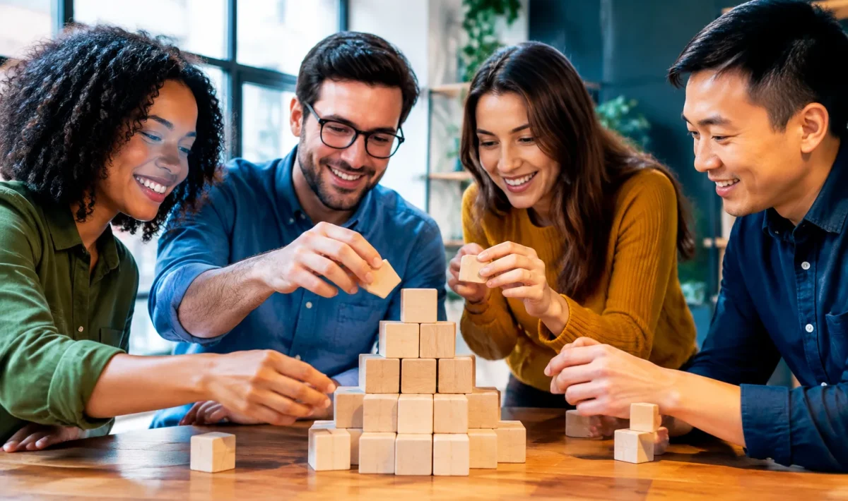 Equipe assemblant blocs en pyramide sur table plate