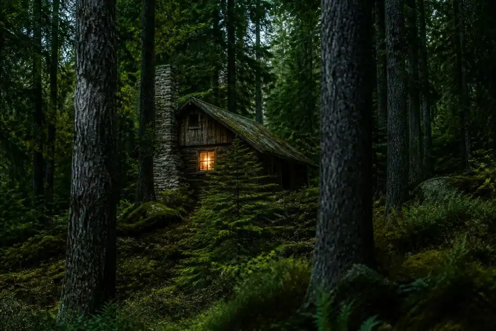 Cabane isolée dans forêt dense avec fenêtre éclairée faiblement