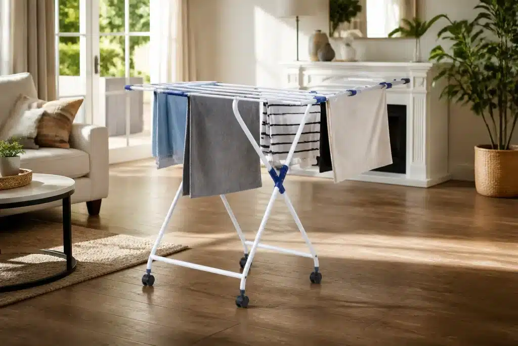 Étendoir compact mobile dans salon lumineux dégagé