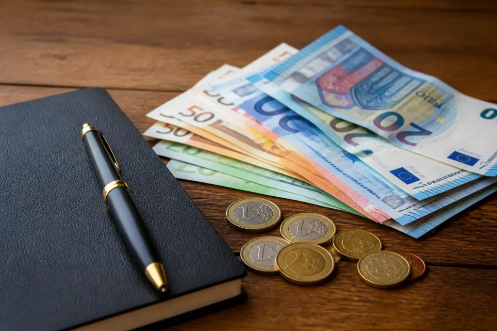 Euros en billets pieces livret stylo table
