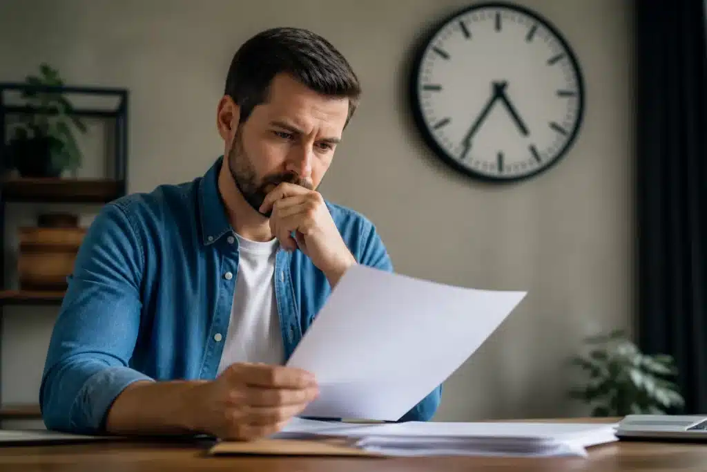 Personne regardant document administratif avec horloge en arrière-plan