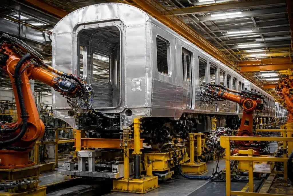 Robots assembling train cars on industrial production line