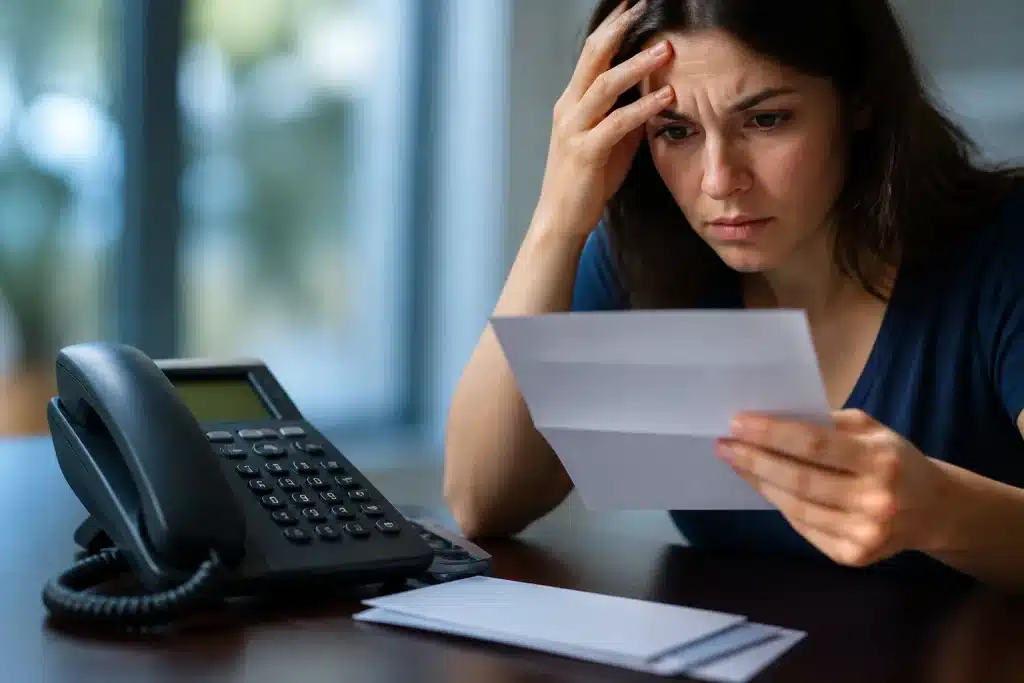 Telephone bill statement with red numbers and warning notification alert