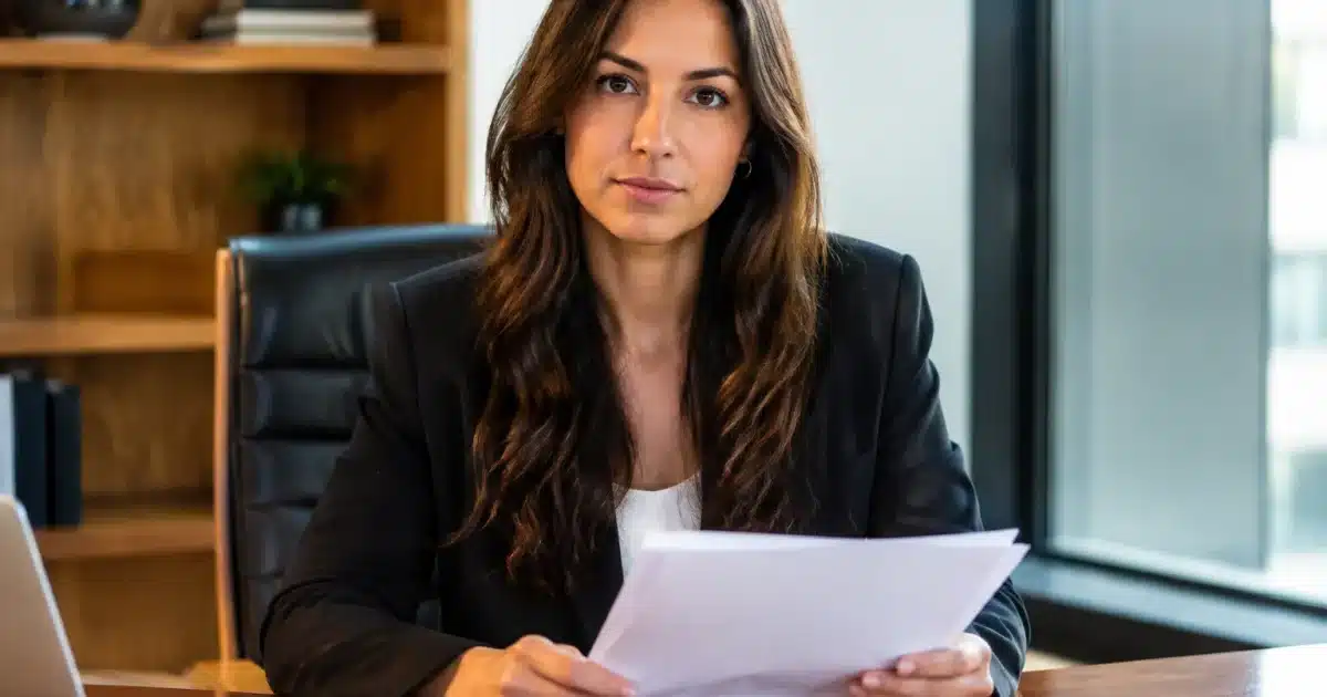 Femme assise face caméra tenant documents légaux devant elle