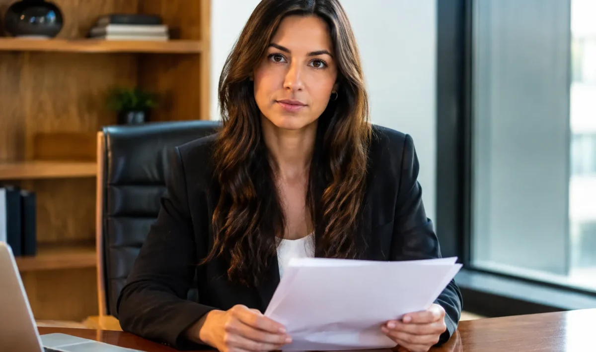 Femme assise face caméra tenant documents légaux devant elle