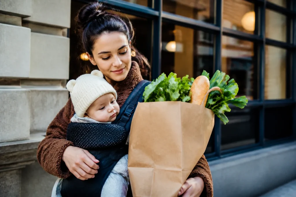 Femme portant enfant sac courses epicerie