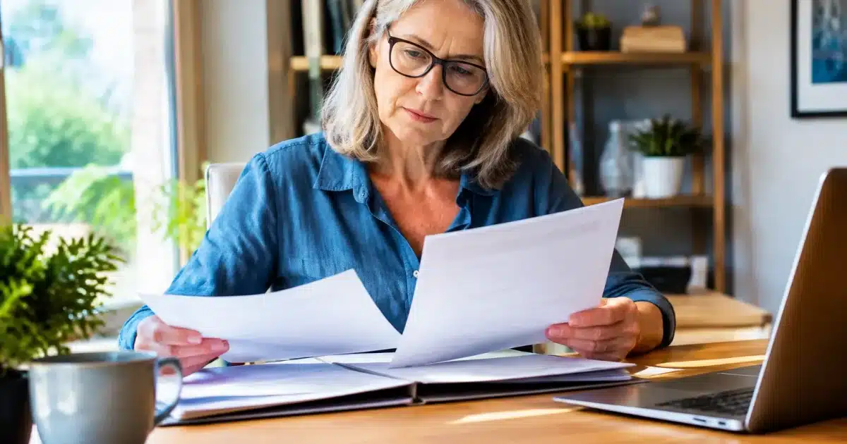 Femme senior assise à un bureau examinent des documents de retraite