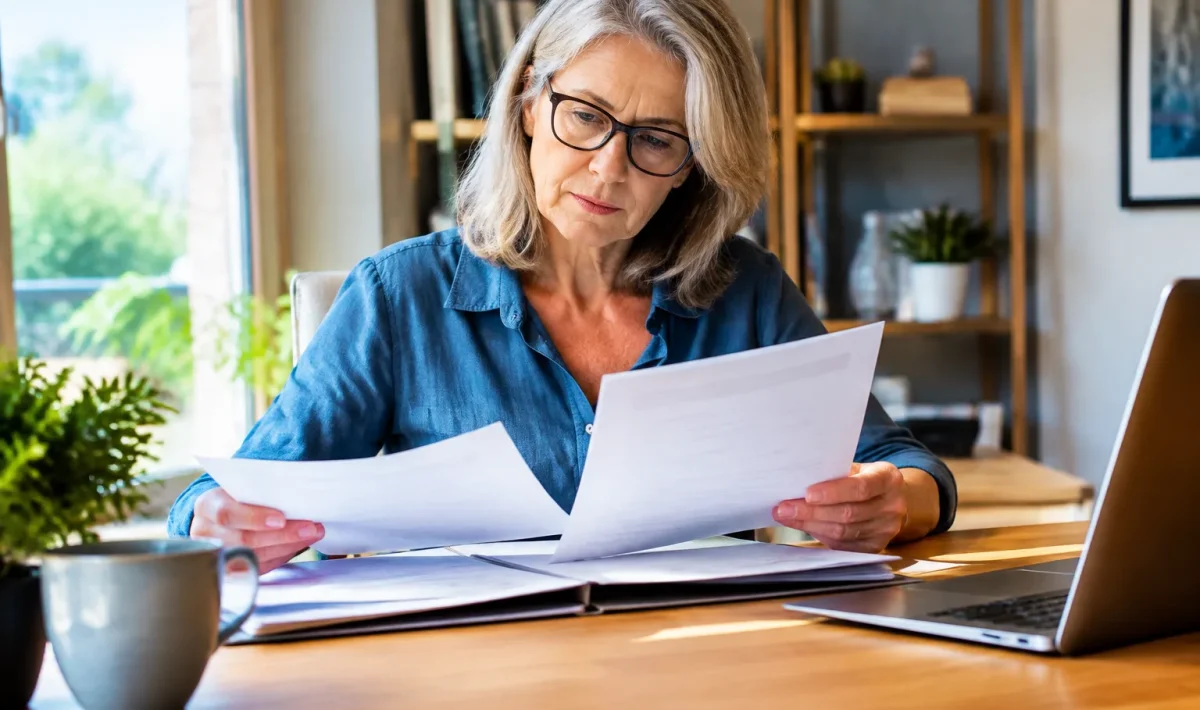 Femme senior assise à un bureau examinent des documents de retraite