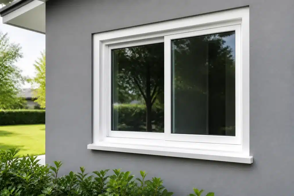 Fenetre avec cadre blanc neuf installee sur mur gris