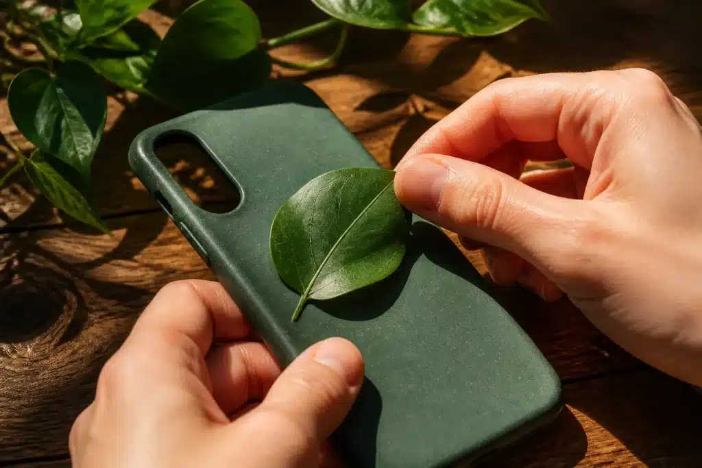 Main inserant delicatement feuille verte dans coque telephone