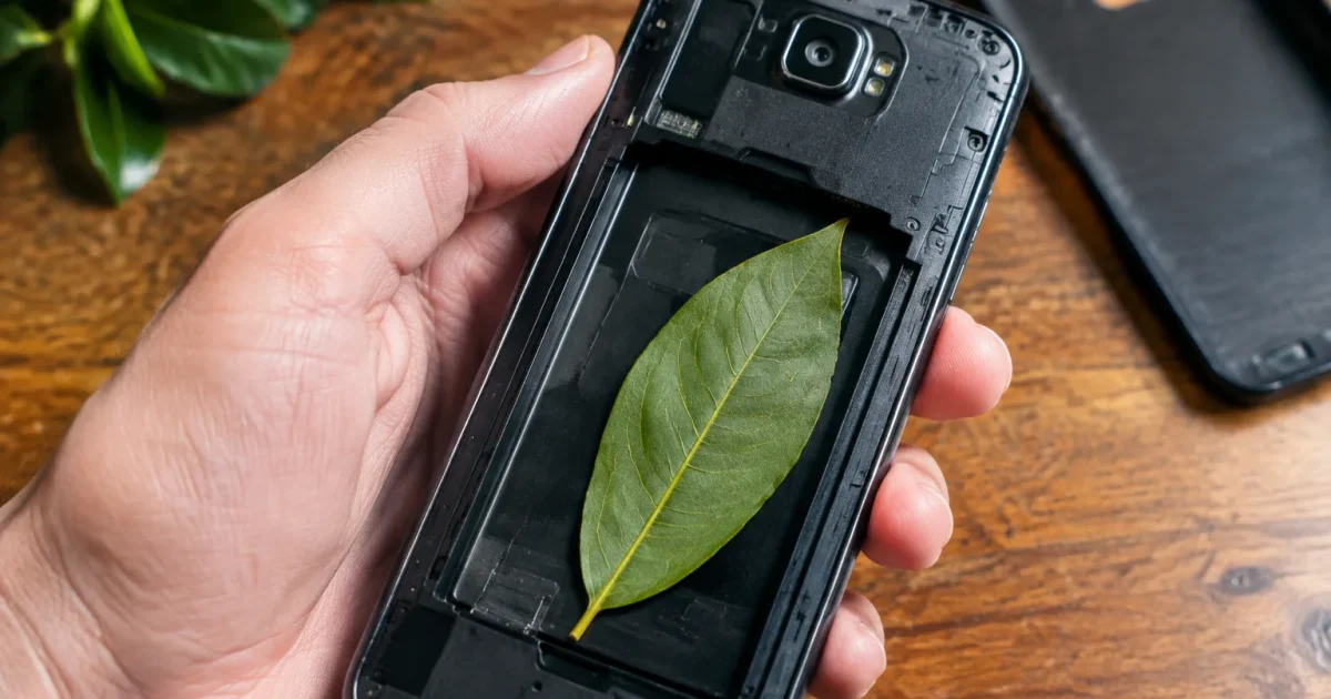 Feuille de laurier glissée dans l'etui arriere d'un telephone portable