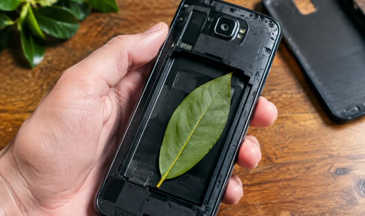 Feuille de laurier glissée dans l'etui arriere d'un telephone portable