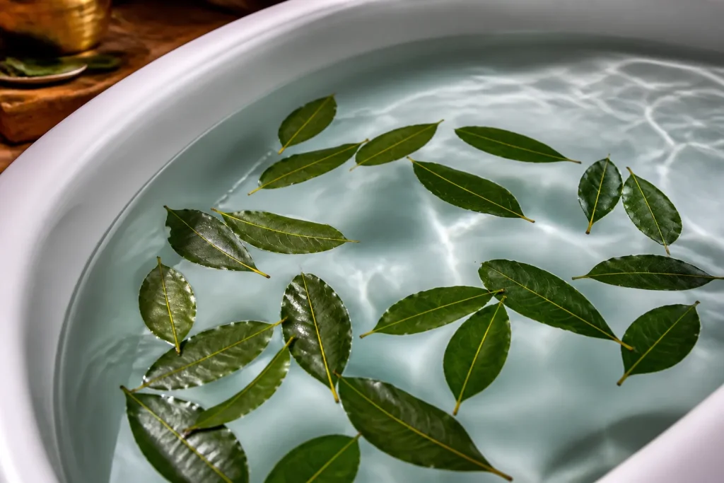 Feuilles de laurier flottant dans eau chaude du bain