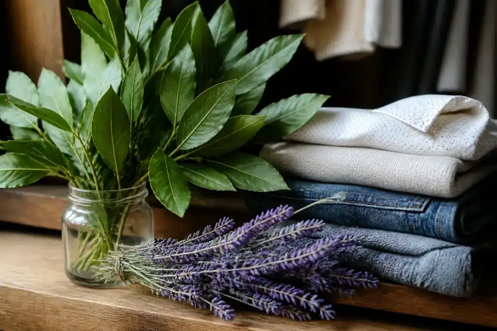 Feuilles de laurier vertes pres de vetements et lavande